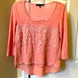 Pink Ruffled 3/4 Sleeve Boxy Blouse with floral appliqué